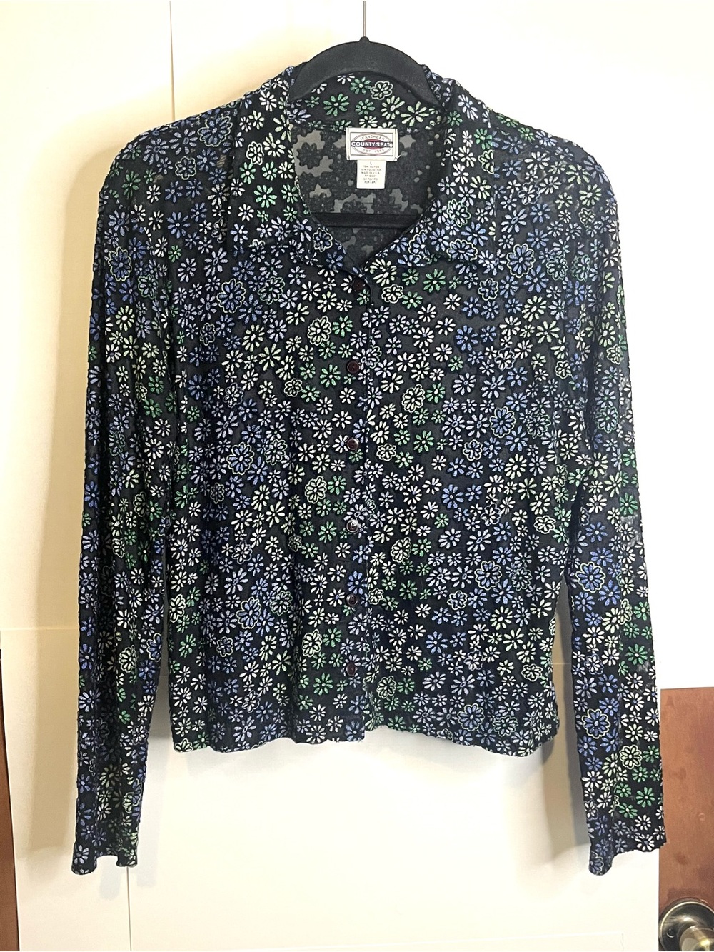 Country Seat Jeanswear (VTG L/Fits M) Daisy Floral Velvet Burnout Mesh Shirt